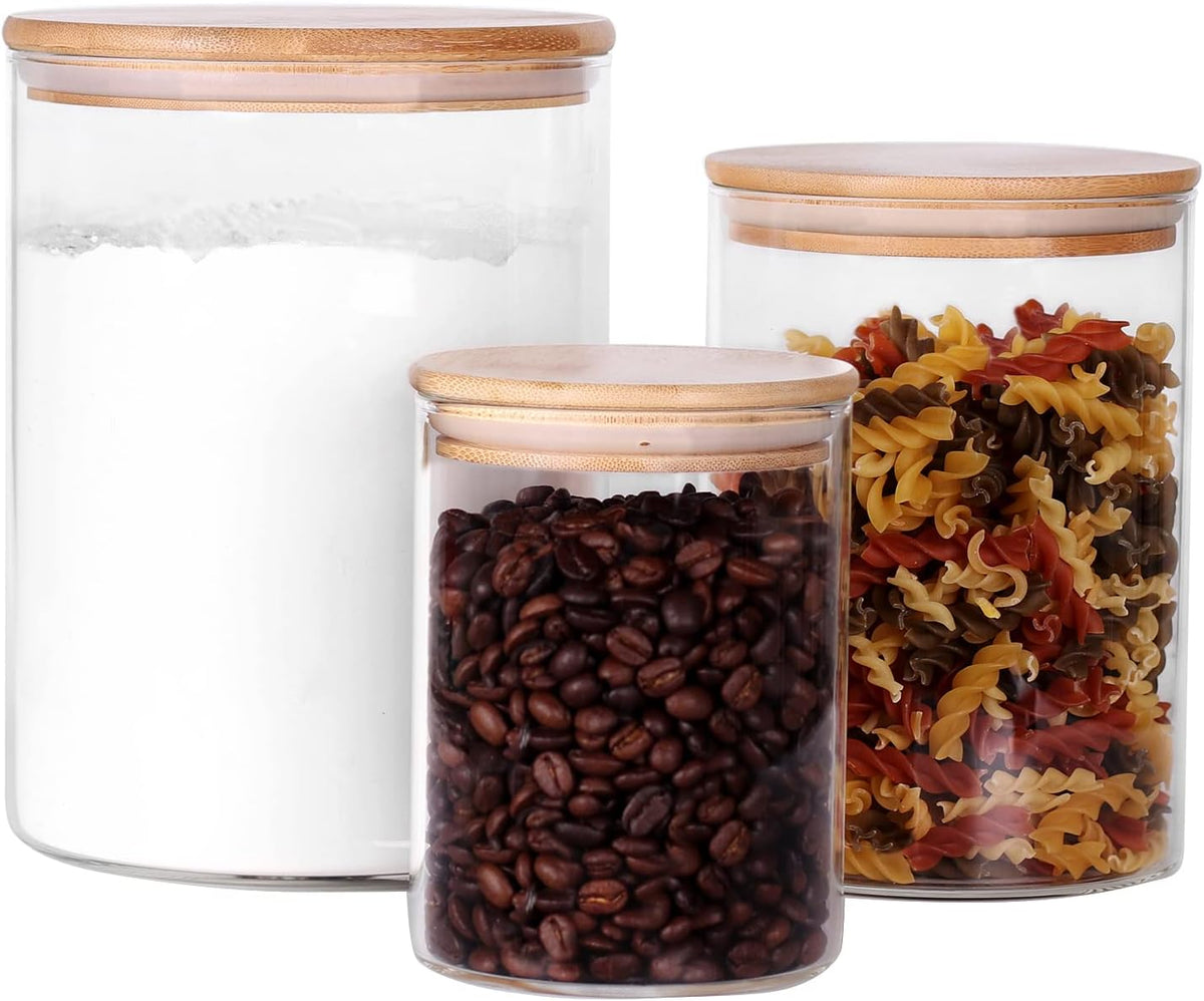 Glass Flour and Sugar Containers, Set of 3 Large Glass Flour Canister with Airtight Lids, Pantry