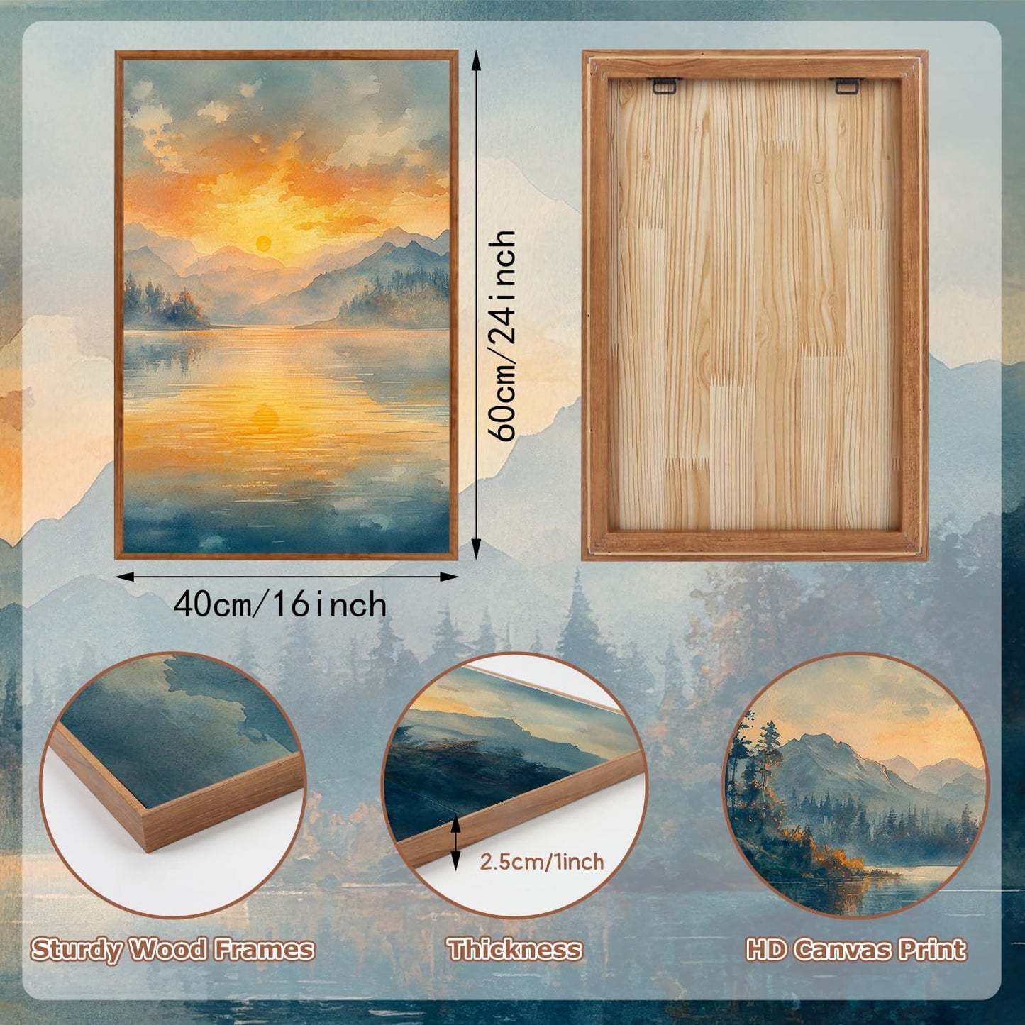 KAlRNE Sunset Mountain Canvas Wall Art,Abstract Scenery Wall Painting,Blue Landscape Lake
