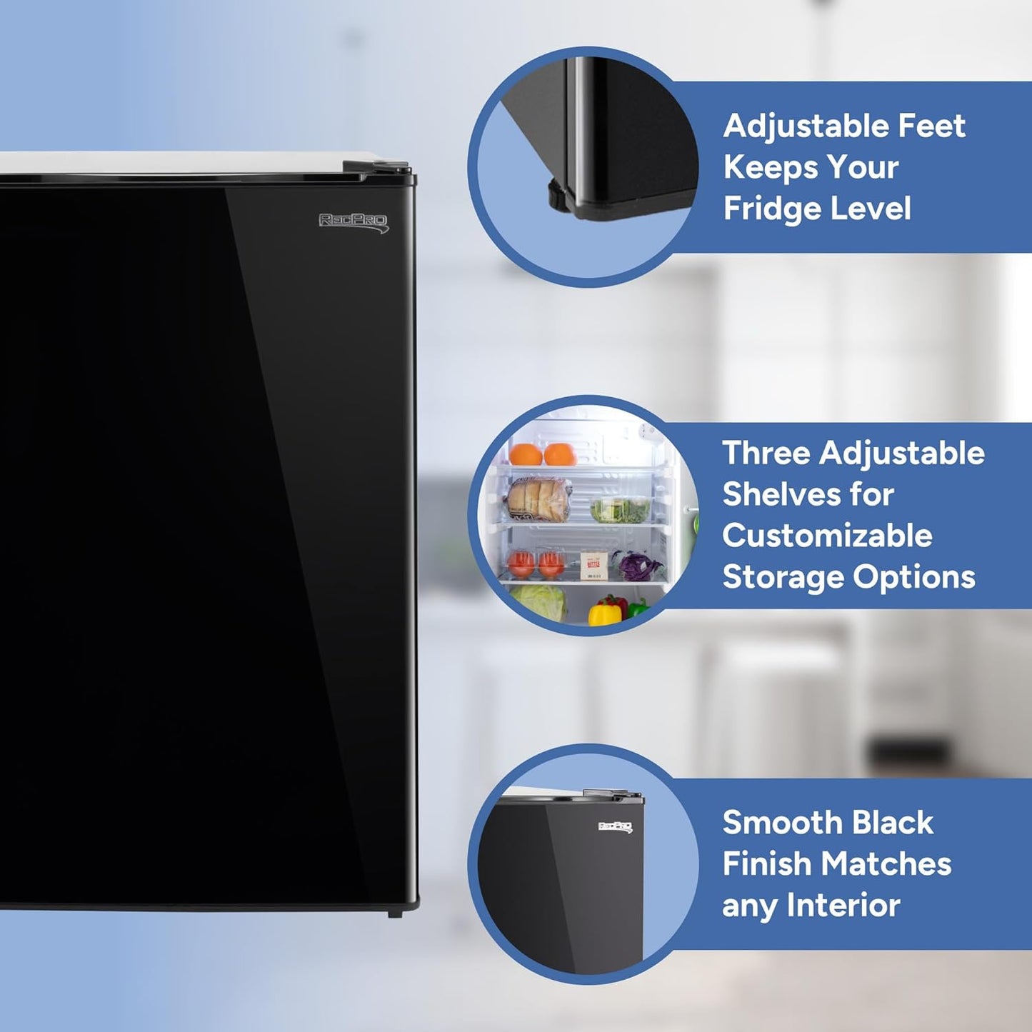 RecPro 3.3 Cu Ft 12V RV Refrigerator | Black Fridge with Adjustable Shelves, 18-Can Door Storage