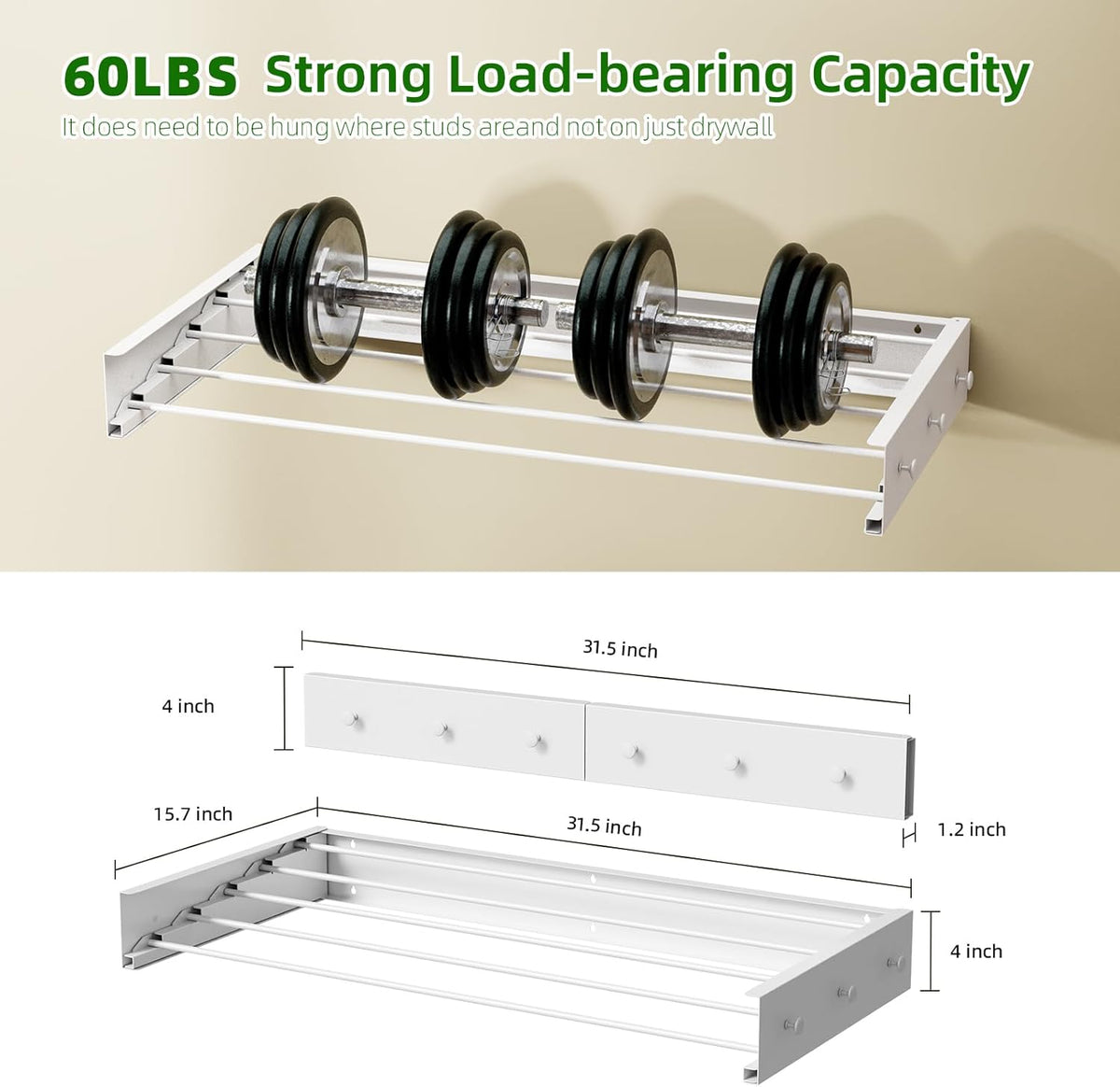 Wall Mounted Drying Rack for Laundry 31.5'', Folding Drying Rack Clothing Wall Mount with 5 Rods