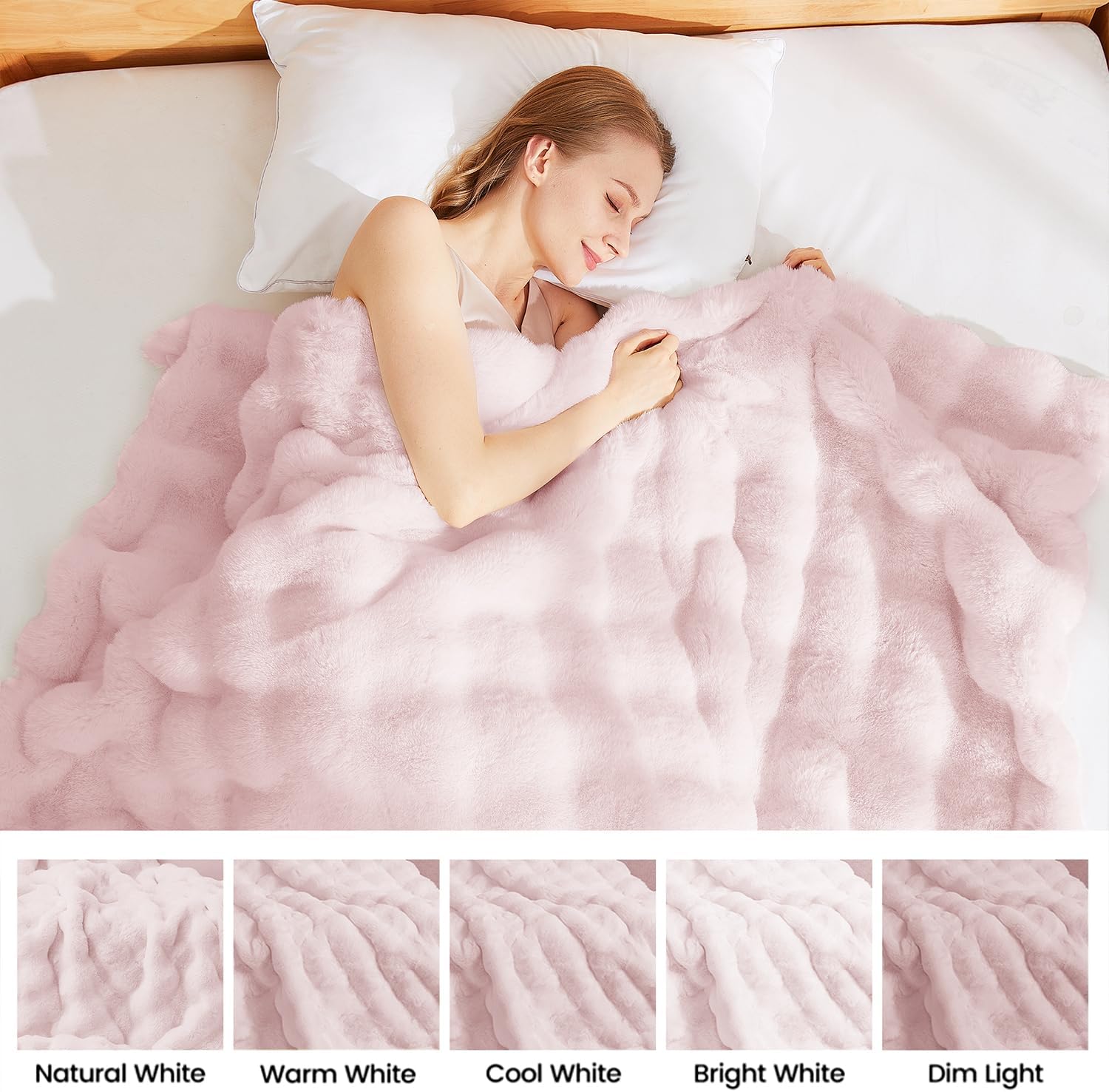 Latepis Pink Faux Fur King Blanket for Bed Bubble Cute Soft Warm Comforter Thick Furry Blanket for