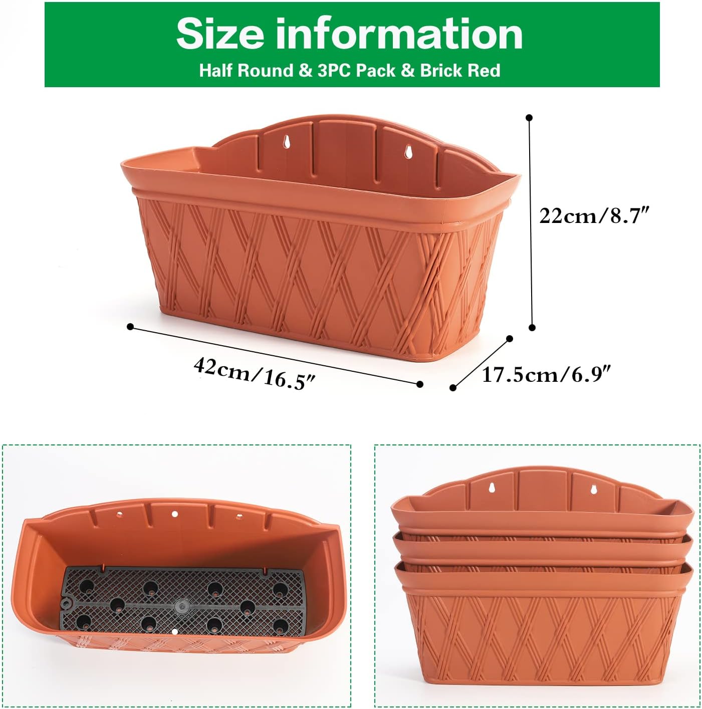 Sungmor 3 Pack Wall Hanging Planters, 16.5 Inch Railing Fence Hanging Flower Pots, Thickened