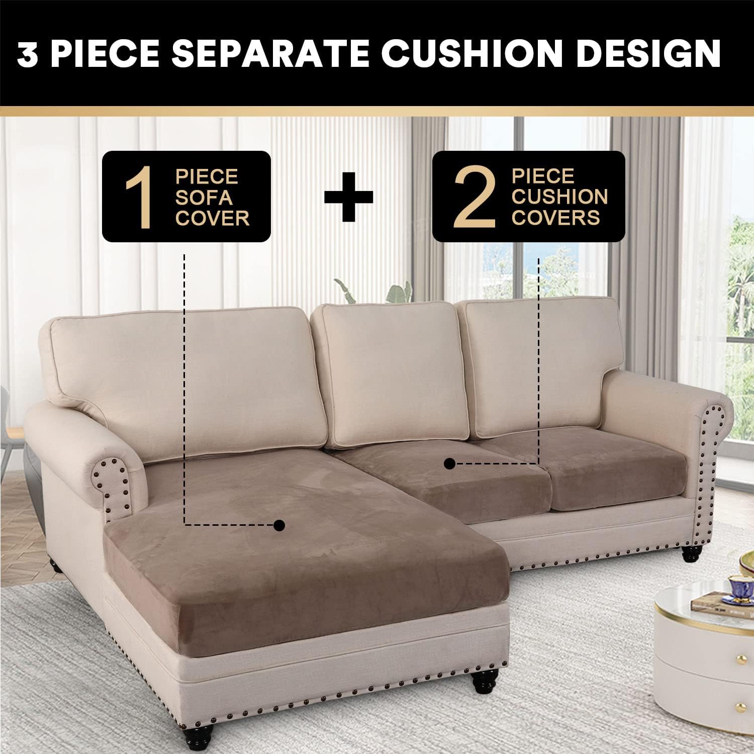PrinceDeco Sectional Couch Covers 3 Pieces Velvet Sofa Covers L Shape Soft Couch Covers for