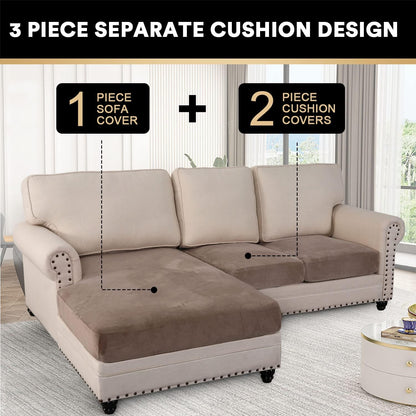 PrinceDeco Sectional Couch Covers 3 Pieces Velvet Sofa Covers L Shape Soft Couch Covers for