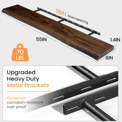 55 Inch Floating Shelves, Live Edge Elm Wood Floating Shelf for Wall, Wall-Mounted Display Shelves