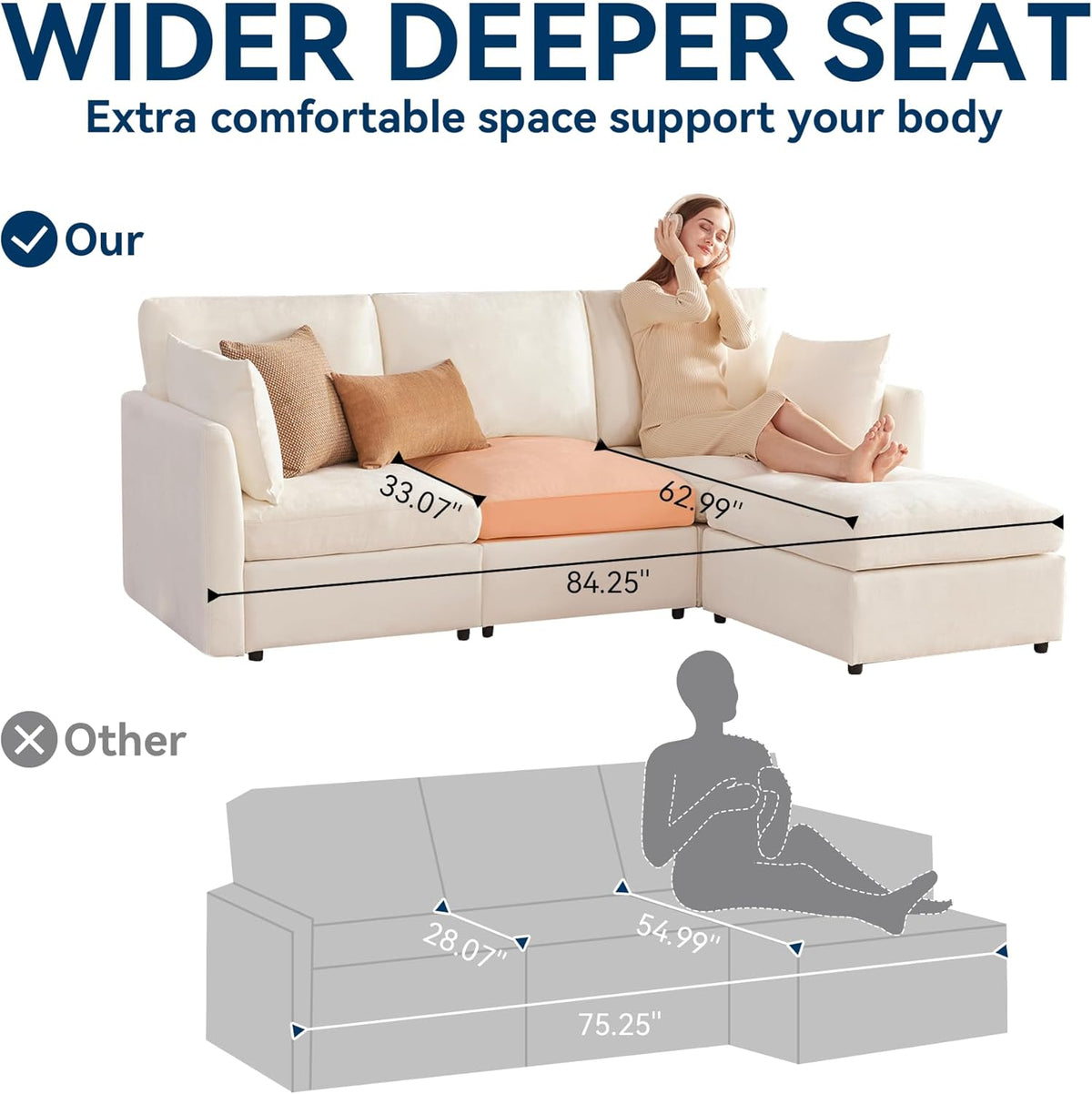 Tbfit 85" Convertible L Shaped Couch, Sectional Sofa for Living Room,Chenille Cloud Couch with