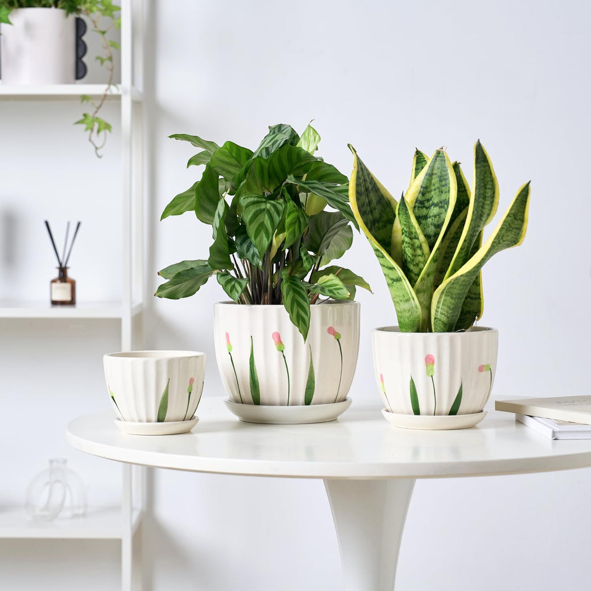 4/5/6 Inches Ceramic Plant Pots with Drainage Holes and Saucers, Round Flower Pots for Indoor