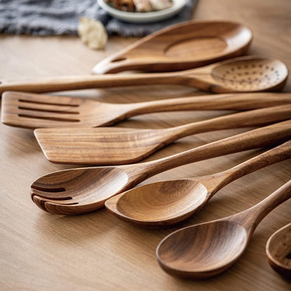 Gudamaye 13 inch Long Wooden Spoons for Cooking,Wooden Utensils for Cooking with Utensils Holder,9