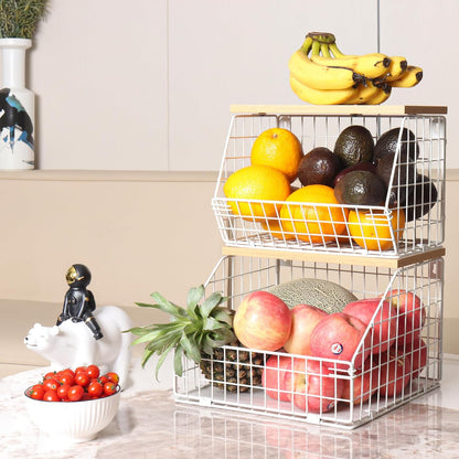 White Fruit Bowl, 2-Tier Fruit Basket for Kitchen Counter, Stackable Wall Mounted Veggie Storage