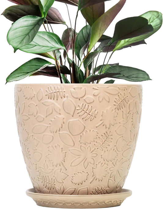 10inch Retro Ceramic Planter with Drainage Hole and Saucer for Multiple Plants, Indoor-Outdoor