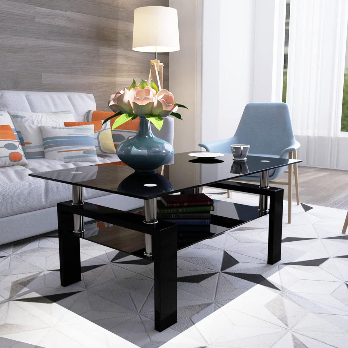 Black Glass Coffee Table for Living Room, Mordern Rectangle Tempered Glass Sofa Center Tables with