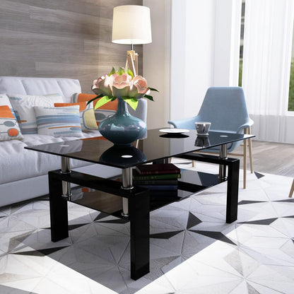 Black Glass Coffee Table for Living Room, Mordern Rectangle Tempered Glass Sofa Center Tables with