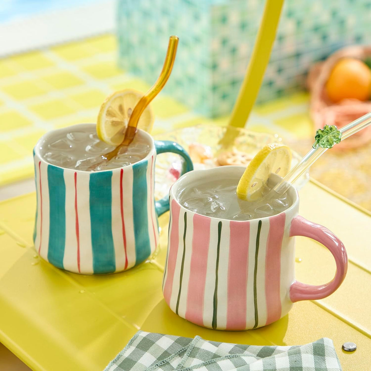 Striped Ceramic Coffee Mugs Set - 2 Pack, Pink & Green，Perfect for Morning Brew or Tea and Cocoa
