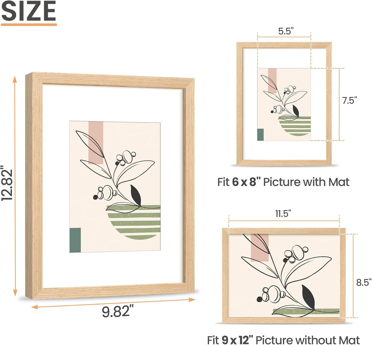 upsimples 9x12 Frame, Natural Solid Wooden Picture Frames, Display 6x8 with Mat or 9 x 12 Without