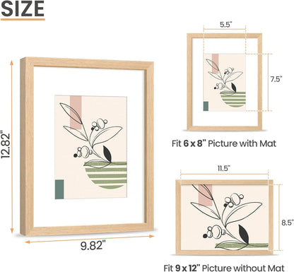 upsimples 9x12 Frame, Natural Solid Wooden Picture Frames, Display 6x8 with Mat or 9 x 12 Without