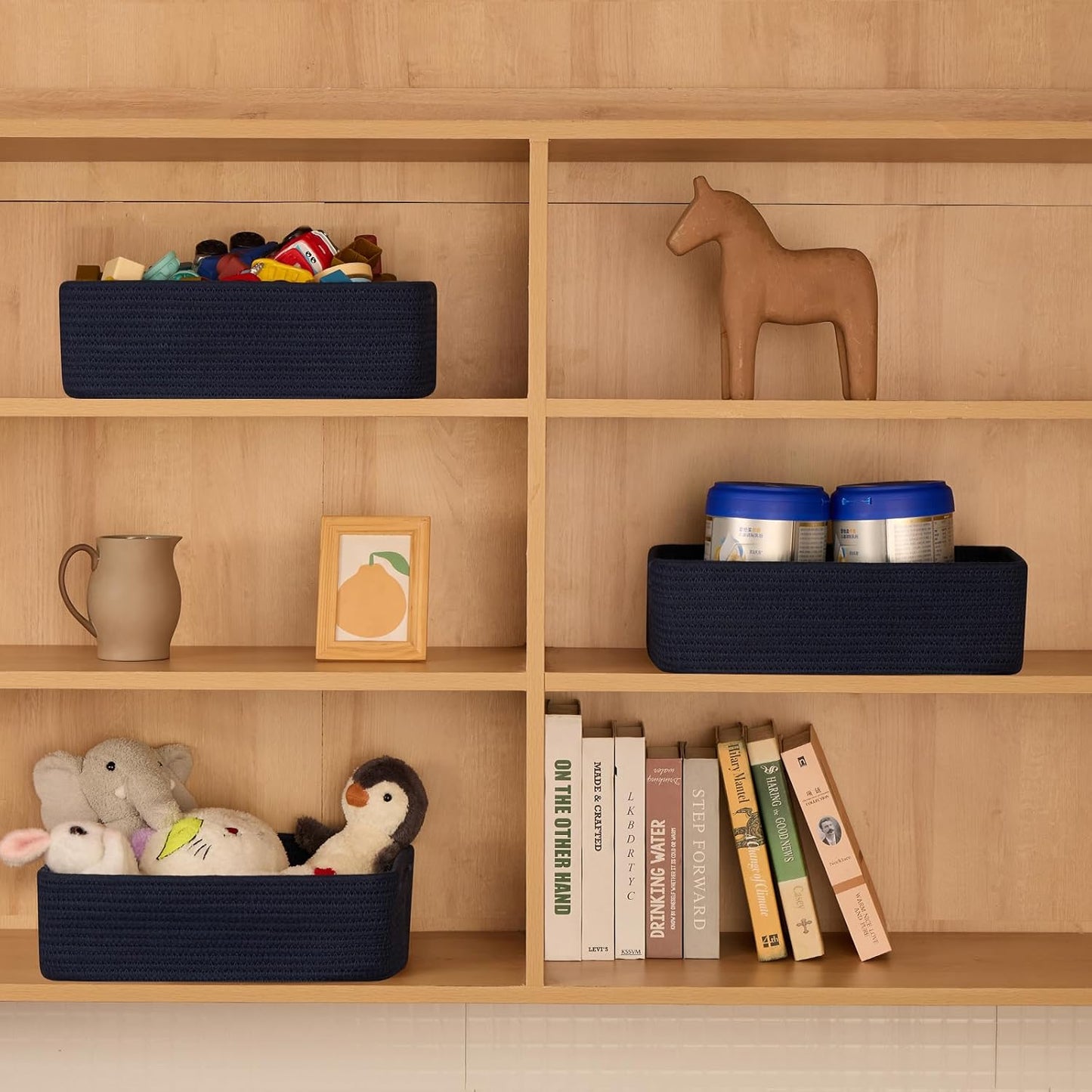 Large Shallow Organizing Baskets 15x11x5.1 Inches - Rope Woven Storage Bins for Bathroom, Shelves