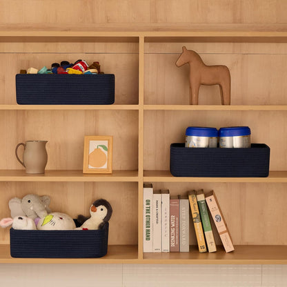 Large Shallow Organizing Baskets 15x11x5.1 Inches - Rope Woven Storage Bins for Bathroom, Shelves