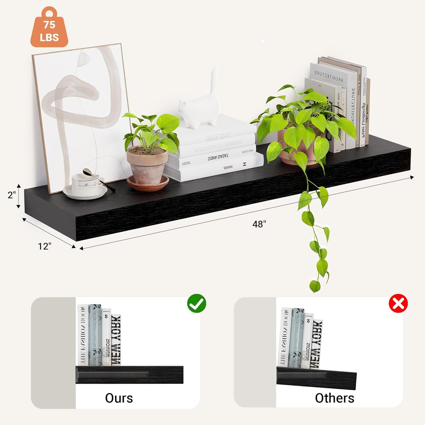 Heimlove 12 Inch Deep Floating Shelves, 48 x 12 inches Long Wall Shelf, Large Display Shelf &