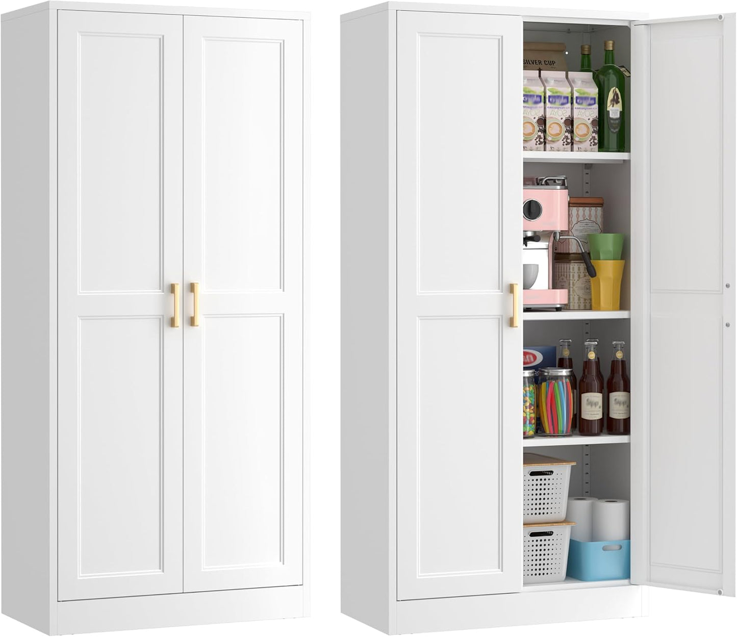 60" Tall Metal Pantry Cabinet, White Kitchen Pantry Storage Cabinet with 3 Adjustable Shelves and
