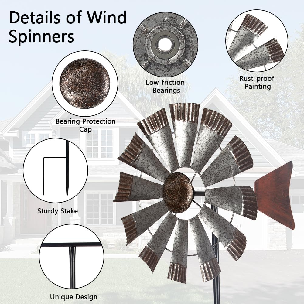 Wind Spinners Outdoor，Metal Vintage Style Single Sided Silver Windmill Kinetic Wind Spinner for