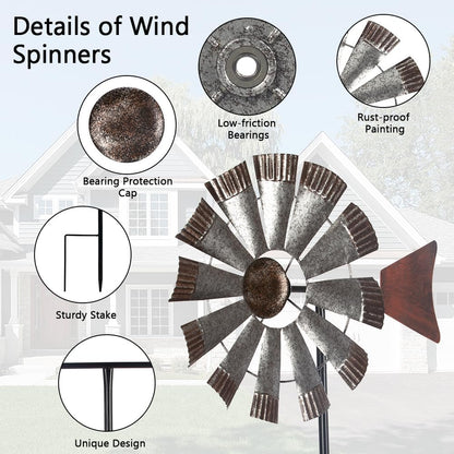Wind Spinners Outdoor，Metal Vintage Style Single Sided Silver Windmill Kinetic Wind Spinner for