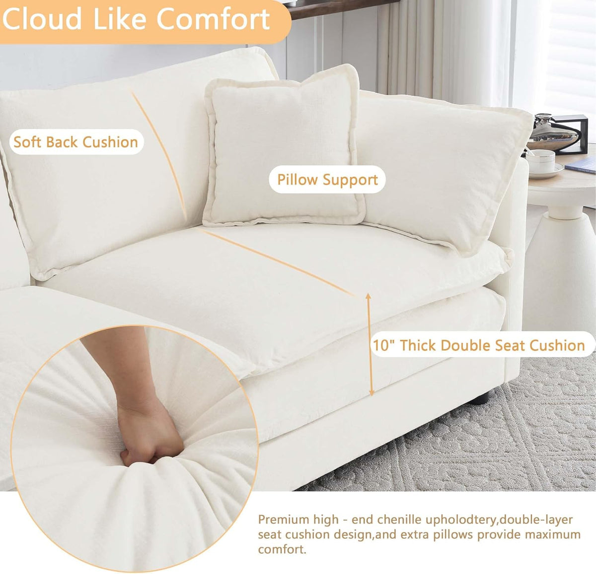Sectional Sofa 4 Seater with Movable 1 Ottoman,Oversized Modular Couch Deep Seat (Beige, 146.5
