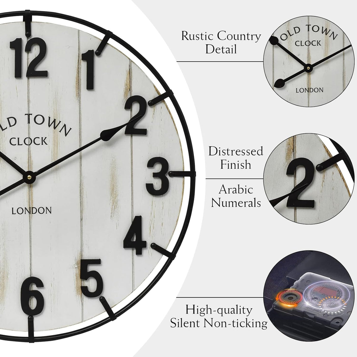 Large Old Town Farmhouse Wall Clock – 24 Inches Rustic Antique Wood with Metal Circle and Large