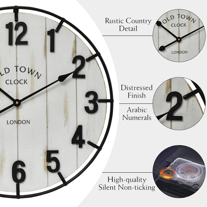 Large Old Town Farmhouse Wall Clock – 24 Inches Rustic Antique Wood with Metal Circle and Large