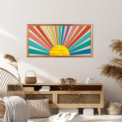 IARTTOP Large Boho Sun Wall Art Framed Wooden Art Wall Decor Sun Geometric Line Sunshine Wall Art