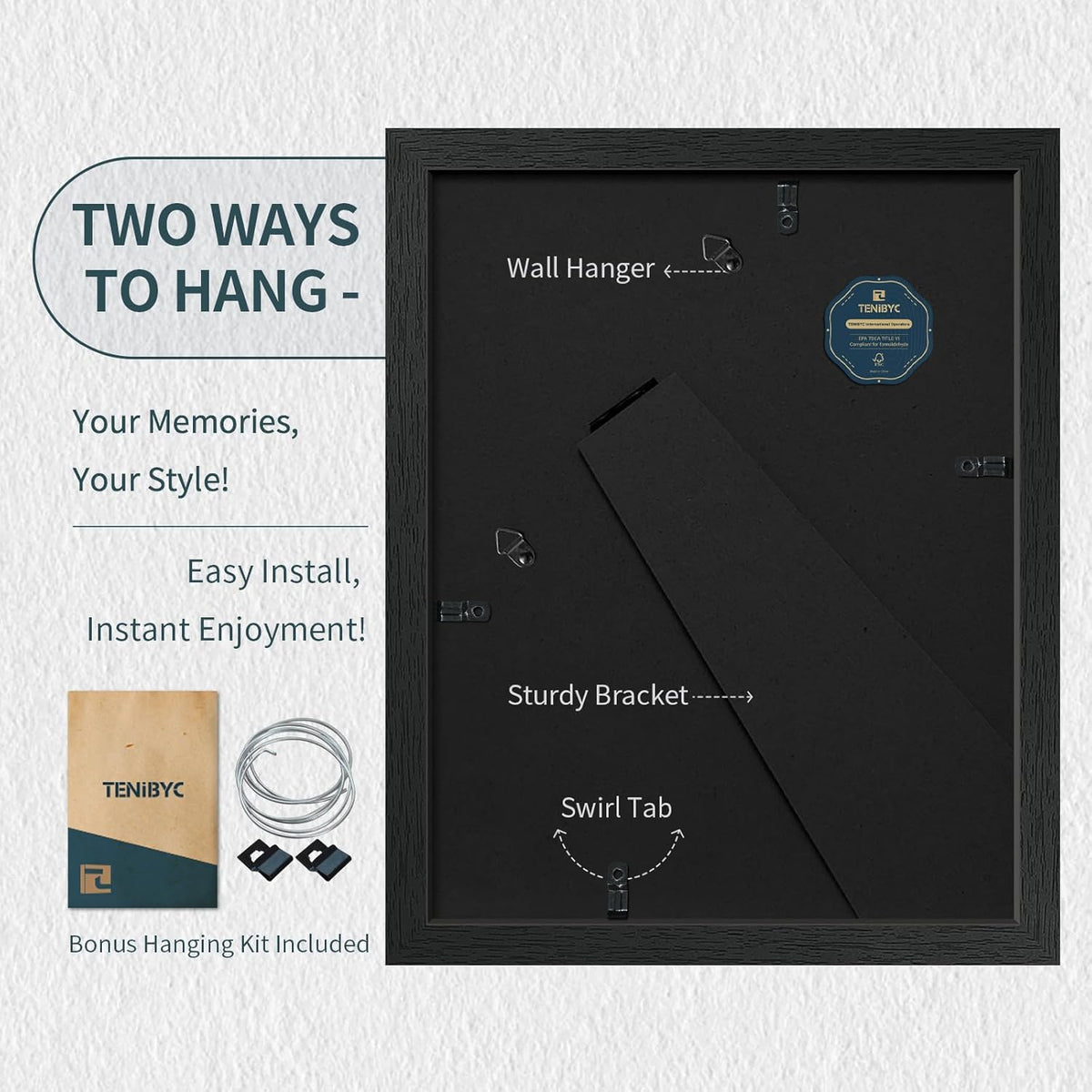 8.5x11 Picture Frame Set of 3 - Black Woodgrain, Solid Wood & HD Tempered Glass, Table Display or