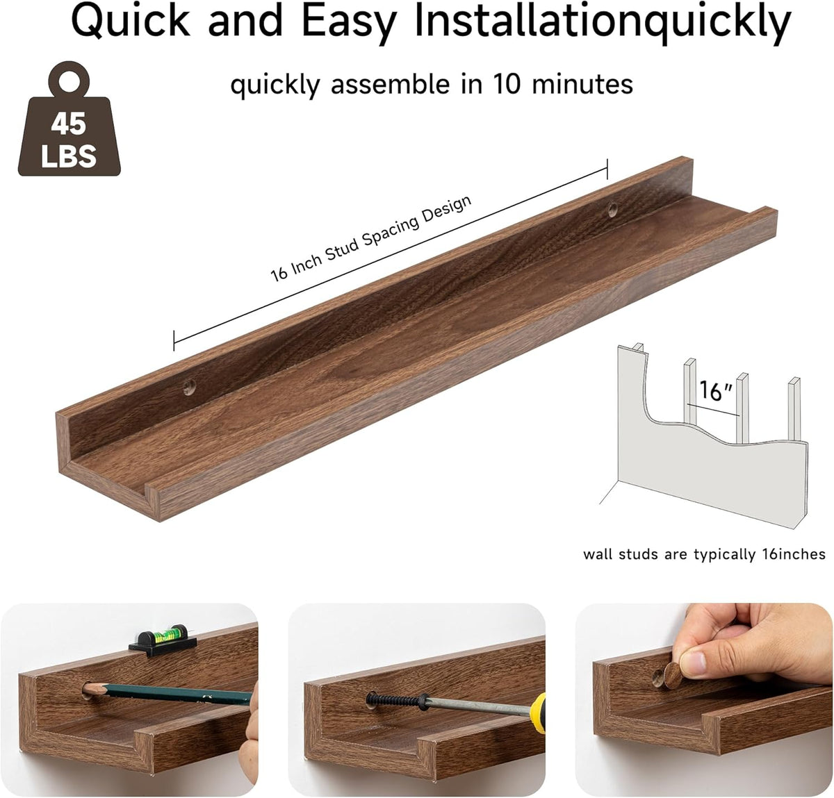 Fun Memories Picture Ledge Shelf, 24 Inch Floating Shelves Set of 2, Nursery Book Shelves for Toys