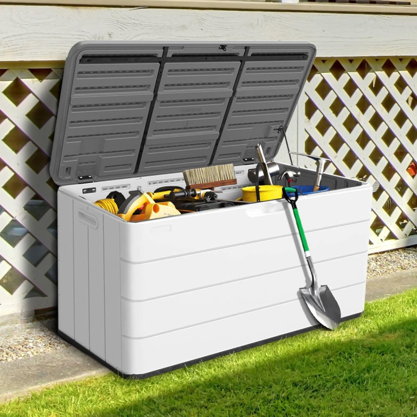 ZZM 110 Gallon Lockable Resin Deck Box, Waterproof Outdoor Storage Box for Patio Cushion Storage