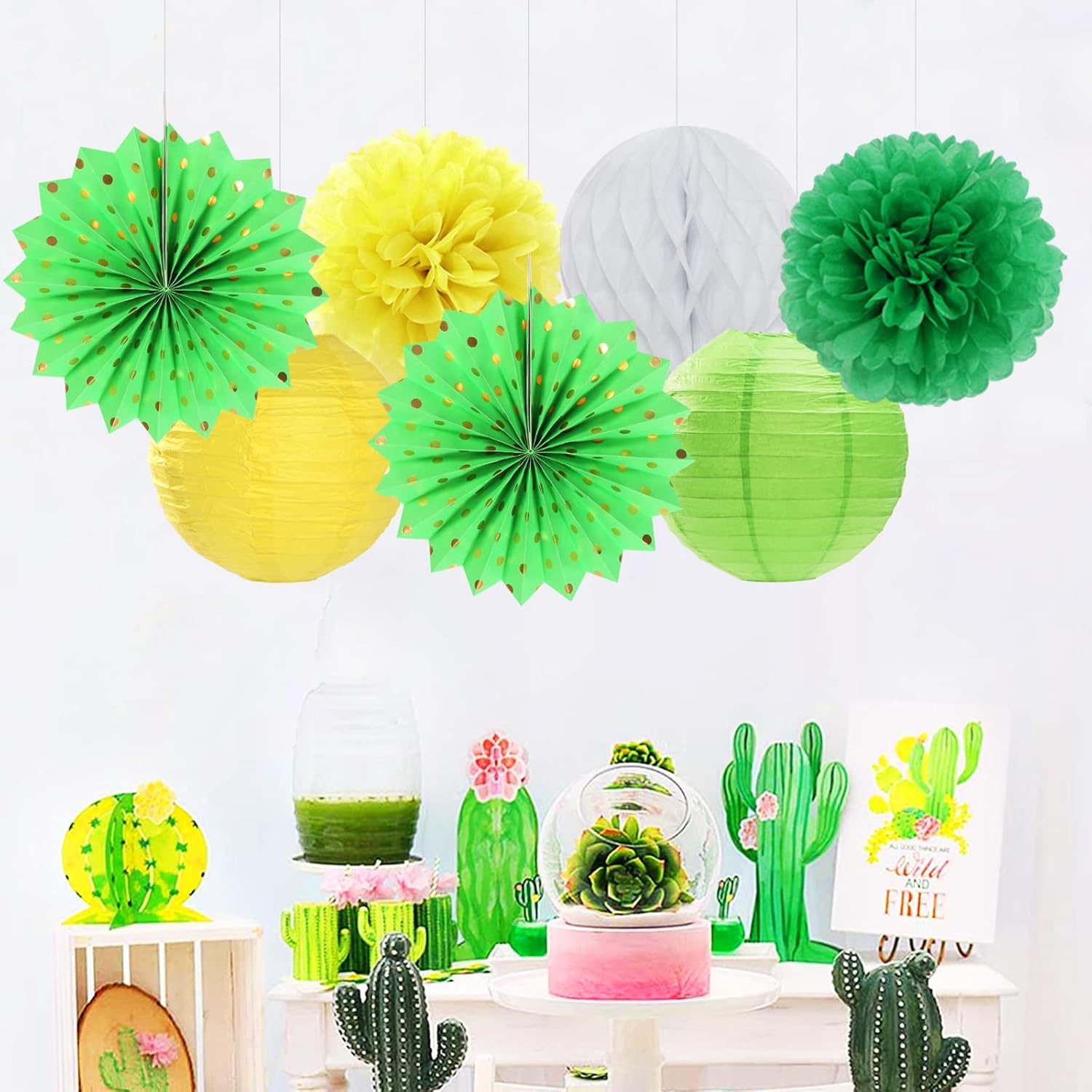 Yellow-White Green Party-Decorations Streamers-Lanterns - 14pcs Spring Summer Garden Tea Paper