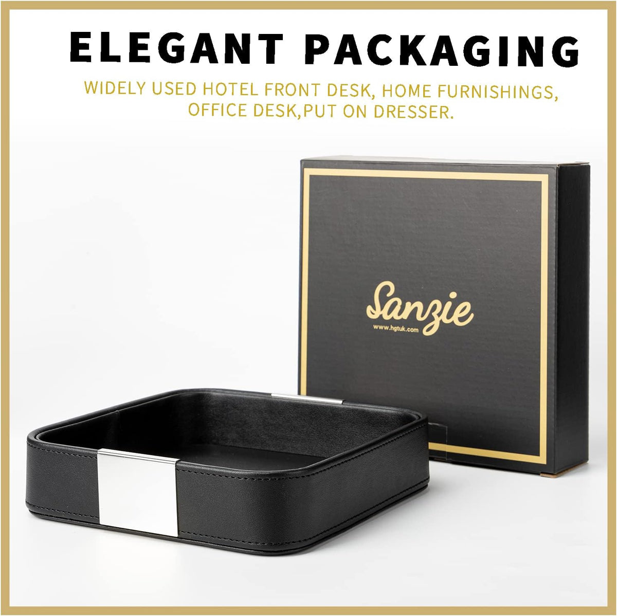 SANZIE Luxury Leather Desktop Storage Small Catchall Organizer Decorative Tray for Entryway Table