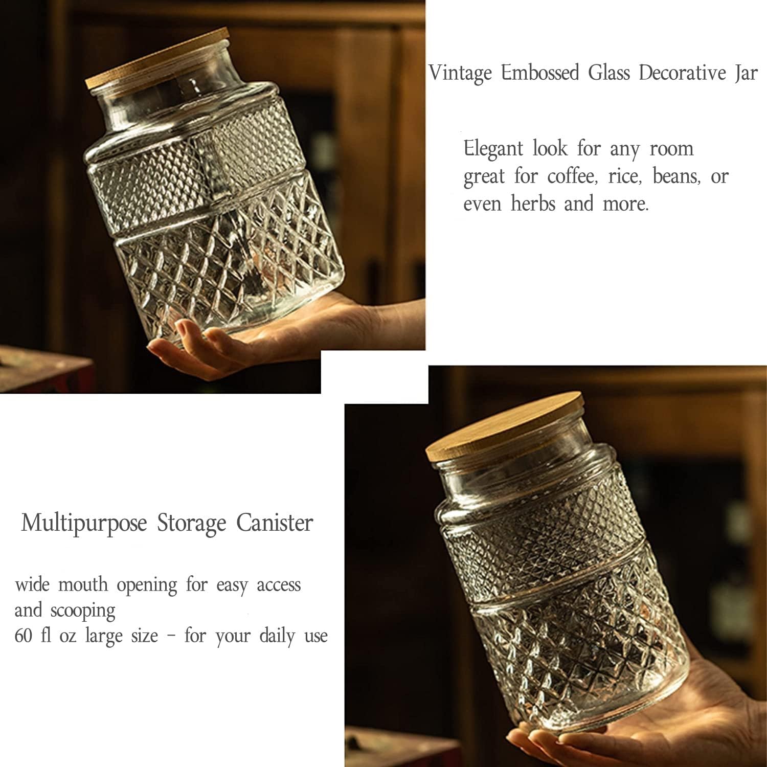 Large Glass Storage Jar, 2 Pack 60 FL OZ Glass Food Storage Containers with Bamboo Lid, Kitchen