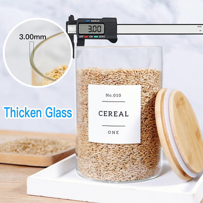 3 Pcs Glass Canisters with Airtight Bamboo Lids and 42 Kitchen Pantry Labels Preprinted - Clear