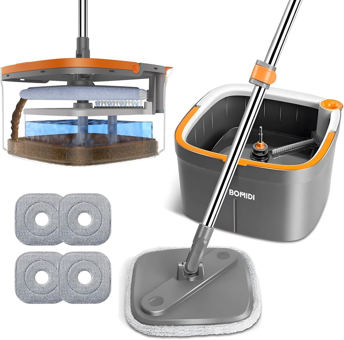 Mop and Bucket Set, Spin Mop with Separate Dirty Water System, Deep-Cleaning Mops for Floors