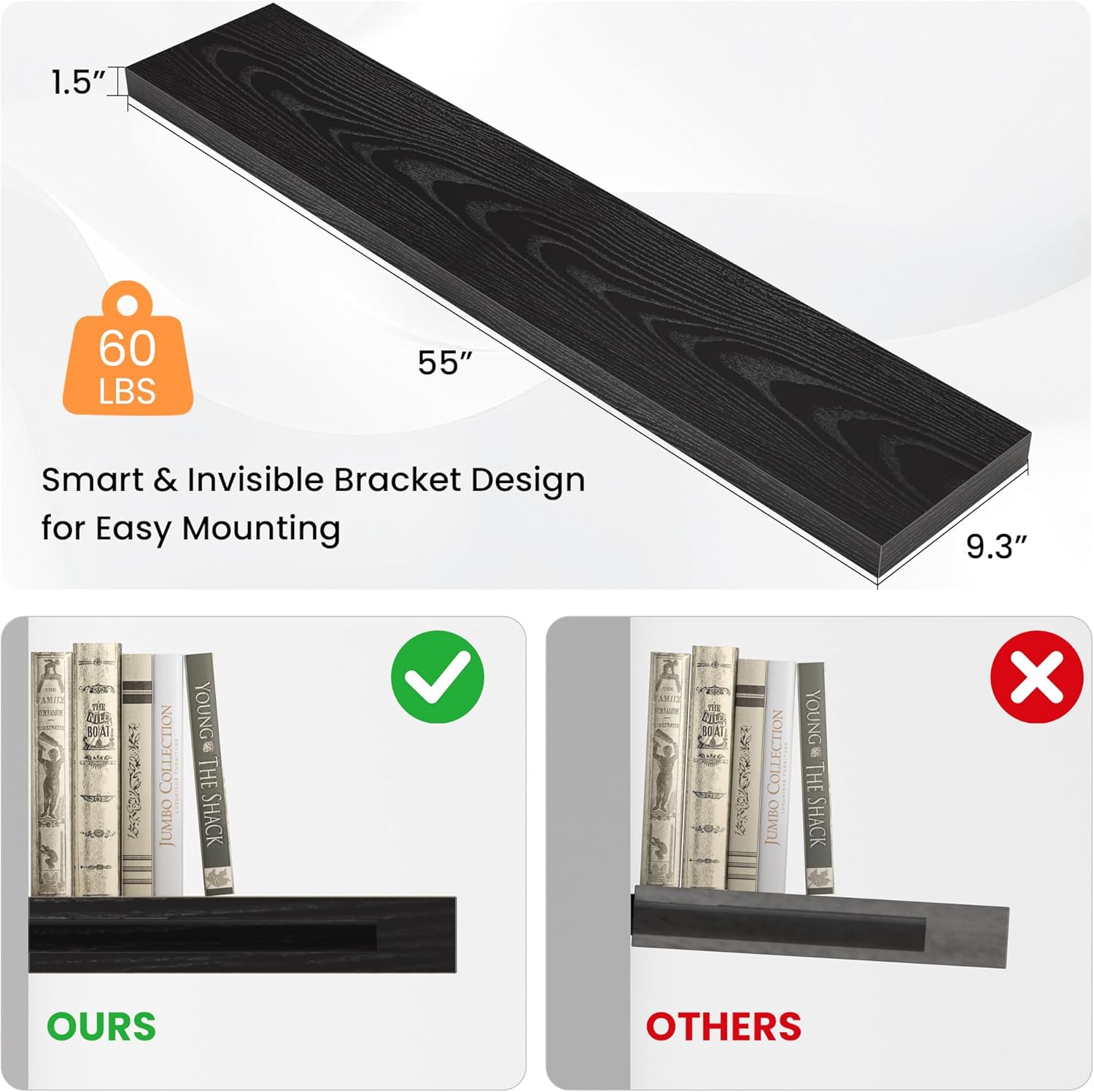 Floating Shelves for Wall, 55"W x 9.3"D x 1.5"H, Long Wooden Wall Mounted Display Shelves with