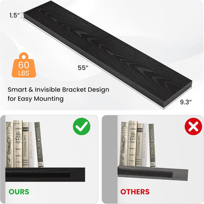 Floating Shelves for Wall, 55"W x 9.3"D x 1.5"H, Long Wooden Wall Mounted Display Shelves with