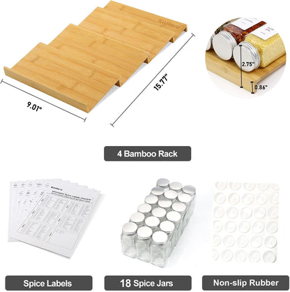 Spice Drawer Organizer with 18 Spice Jars,216 Labels,50 Non-slip Rubber, Bamboo 4 Tier Seasoning