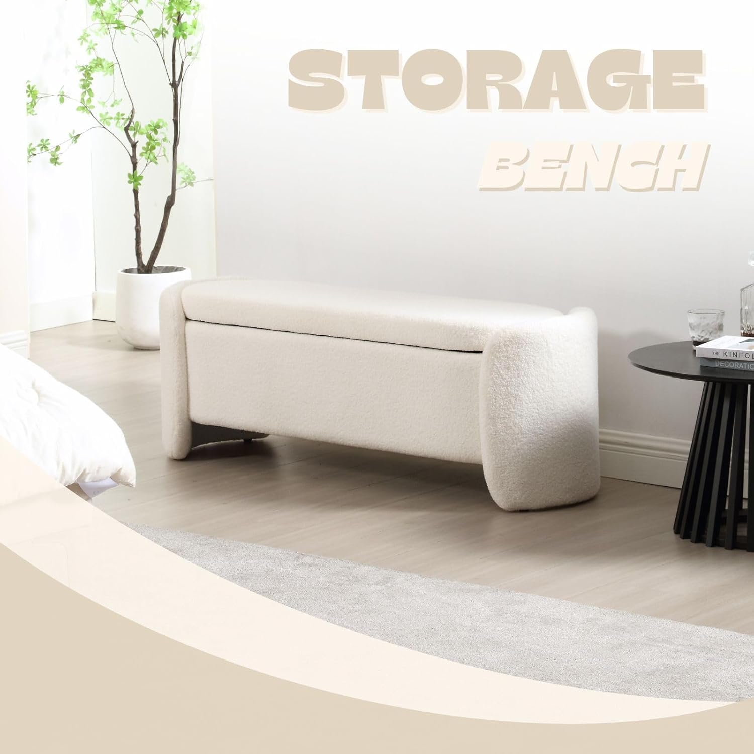 ROCTY White Boucle Storage Bench - 50" Sherpa Ottoman Bench for Bedroom, Entryway, Living Room &