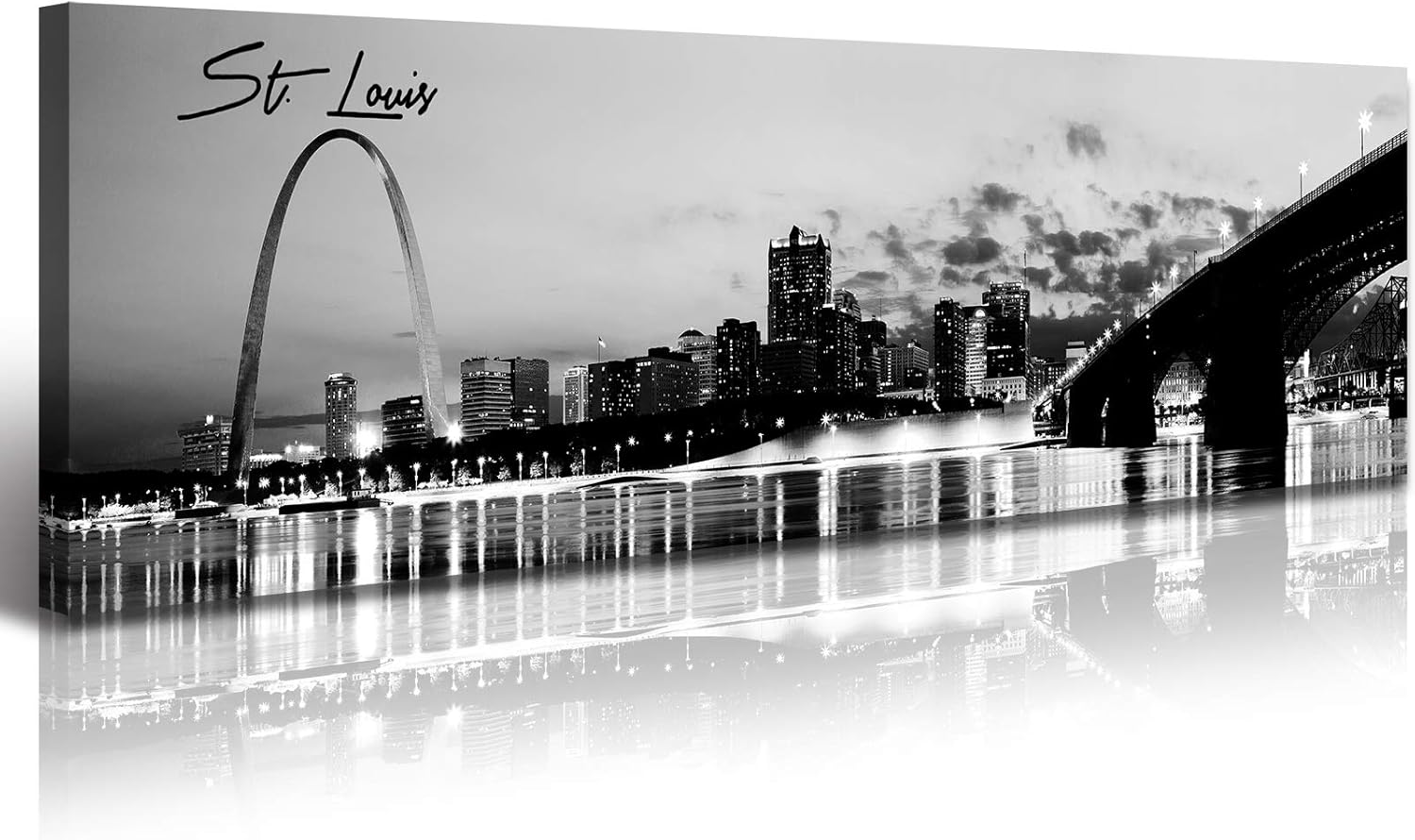 DJSYLIFE Panoramic St. Louis Skyline Wall Art Cityscape Picture Black and White Canvas Print Night