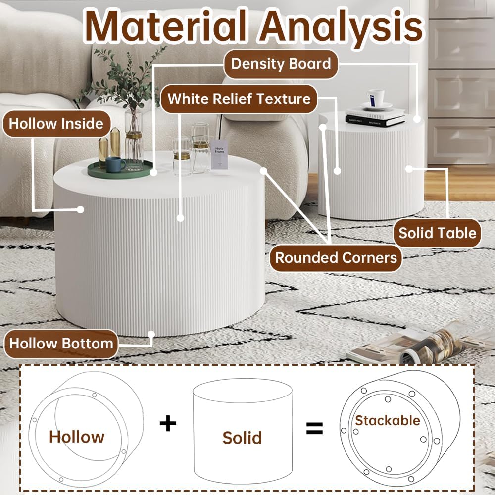 Round Nesting Coffee Table Set of 2 Modern White Fluted Coffee Table Small Round End Table Crescent