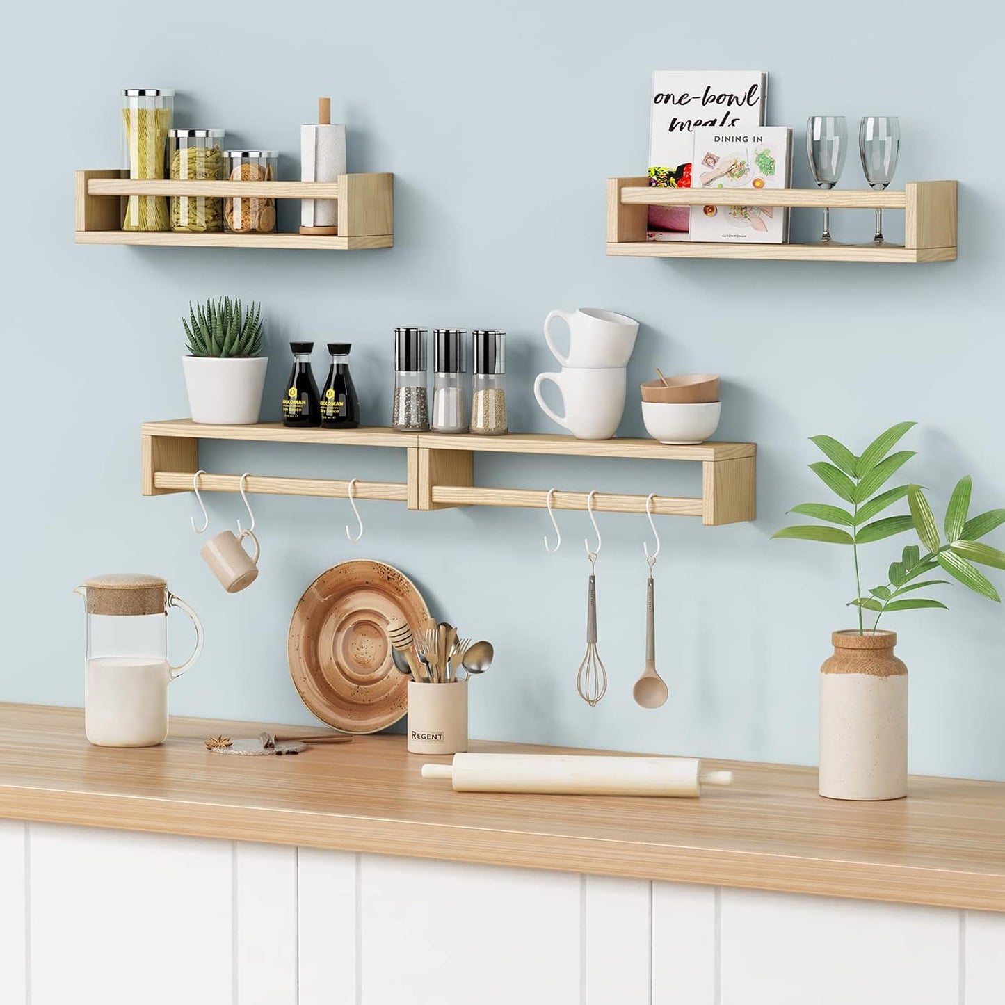 Forbena Natural Wood Nursery Book Shelves Wall Mounted, Floating Bookshelf for Kids Room, Toys and