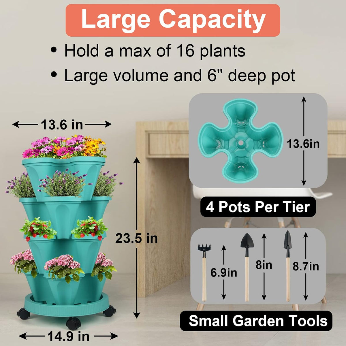 DUNCHATY Stackable Planter, Vertical Garden Planter with Wheels and Tools, Self Watering Strawberry