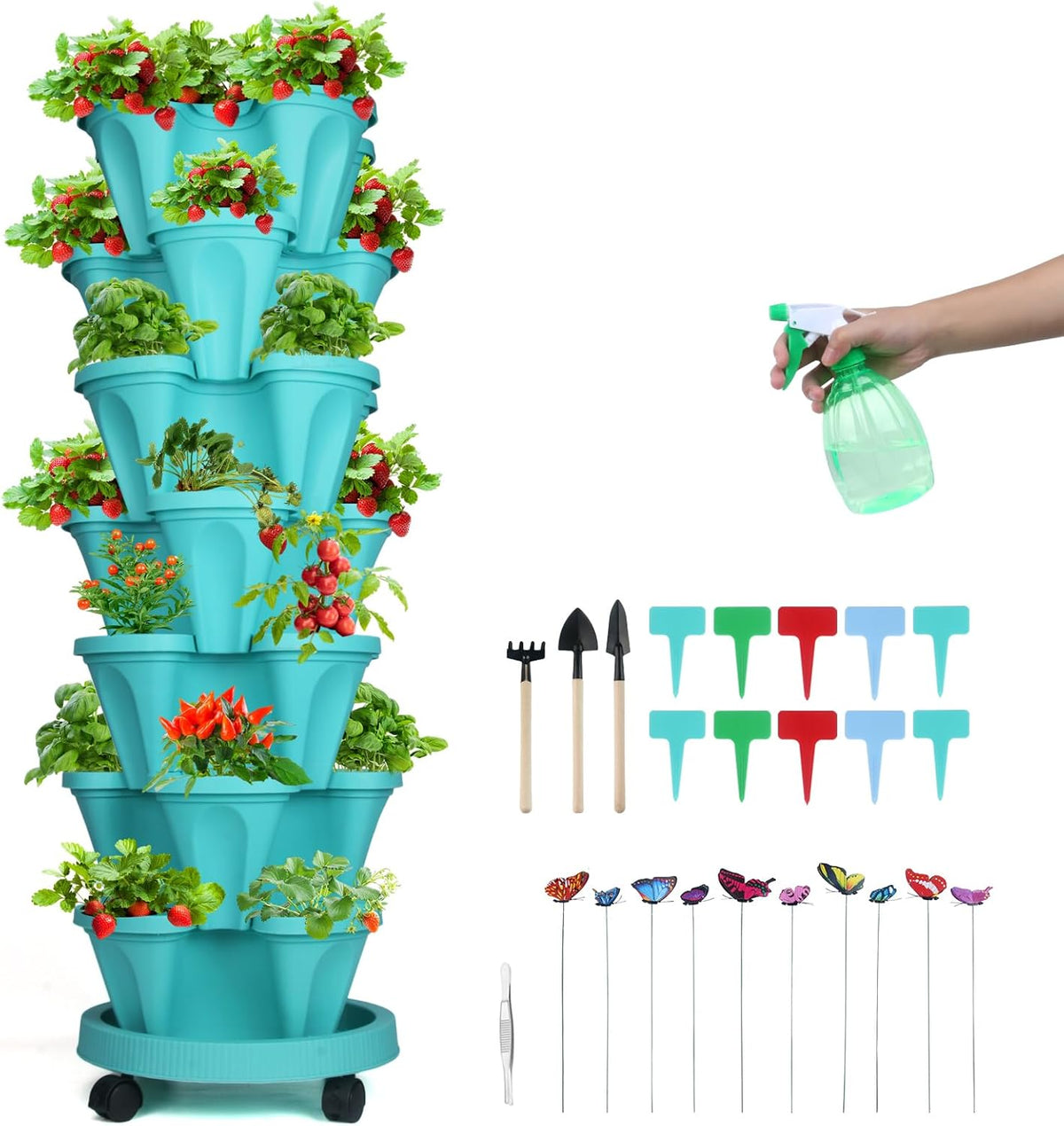 Vertical Planter, 7 Tier Stackable Strawberry Planter with Garden Tool Set, Movable Indoor/Outdoor