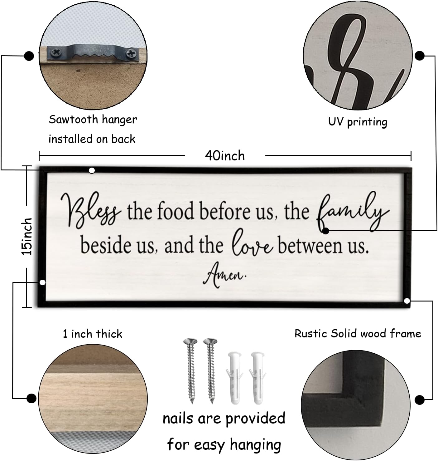Bless the Food Before Us Sign Wall Decor 40"X15" Large Farmhouse Dining Room Wall Decor Framed Wood