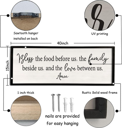Bless the Food Before Us Sign Wall Decor 40"X15" Large Farmhouse Dining Room Wall Decor Framed Wood