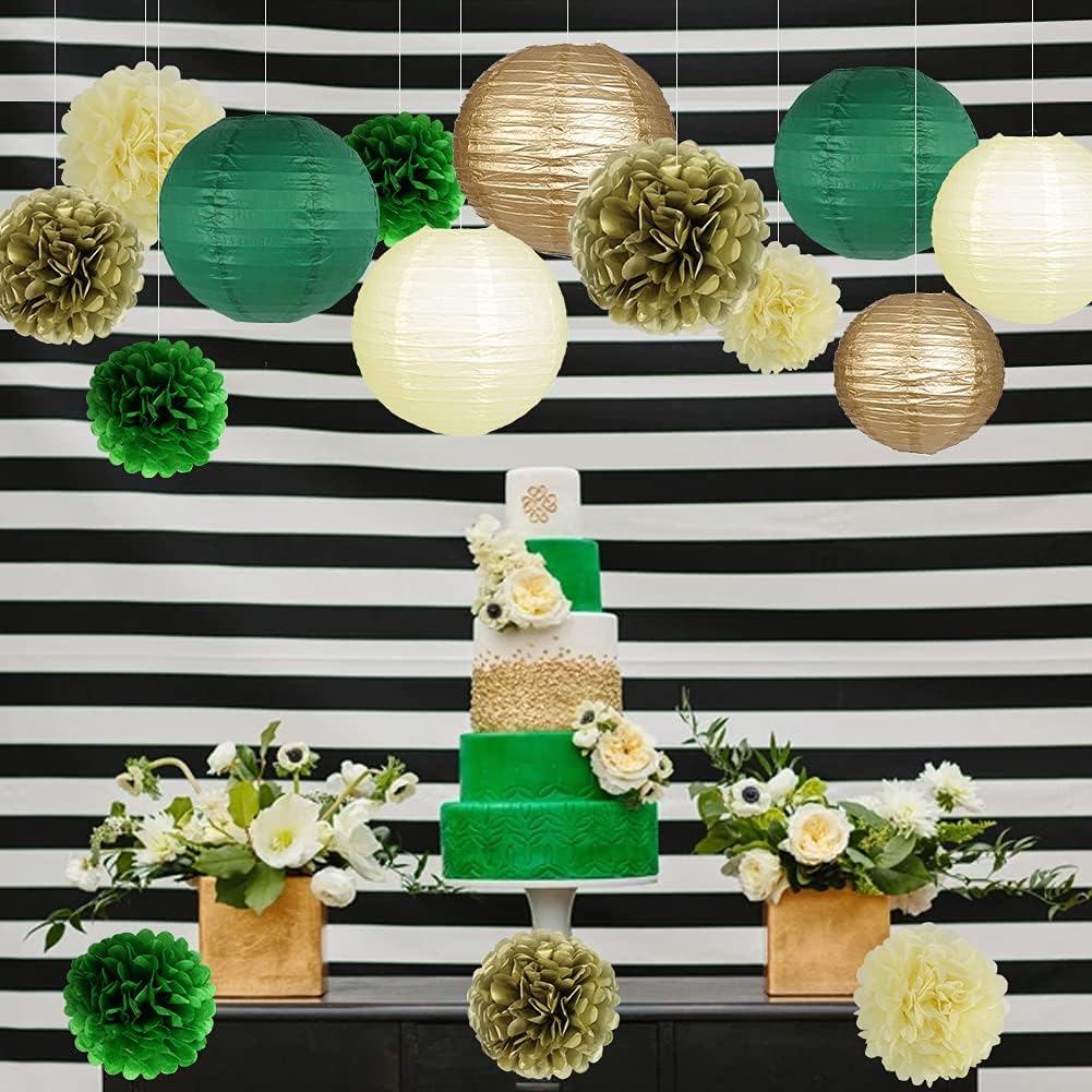 Green Gold Party Decorations, Hanging Paper Lanterns and Pom Poms Flowers for Woodland Baby Shower