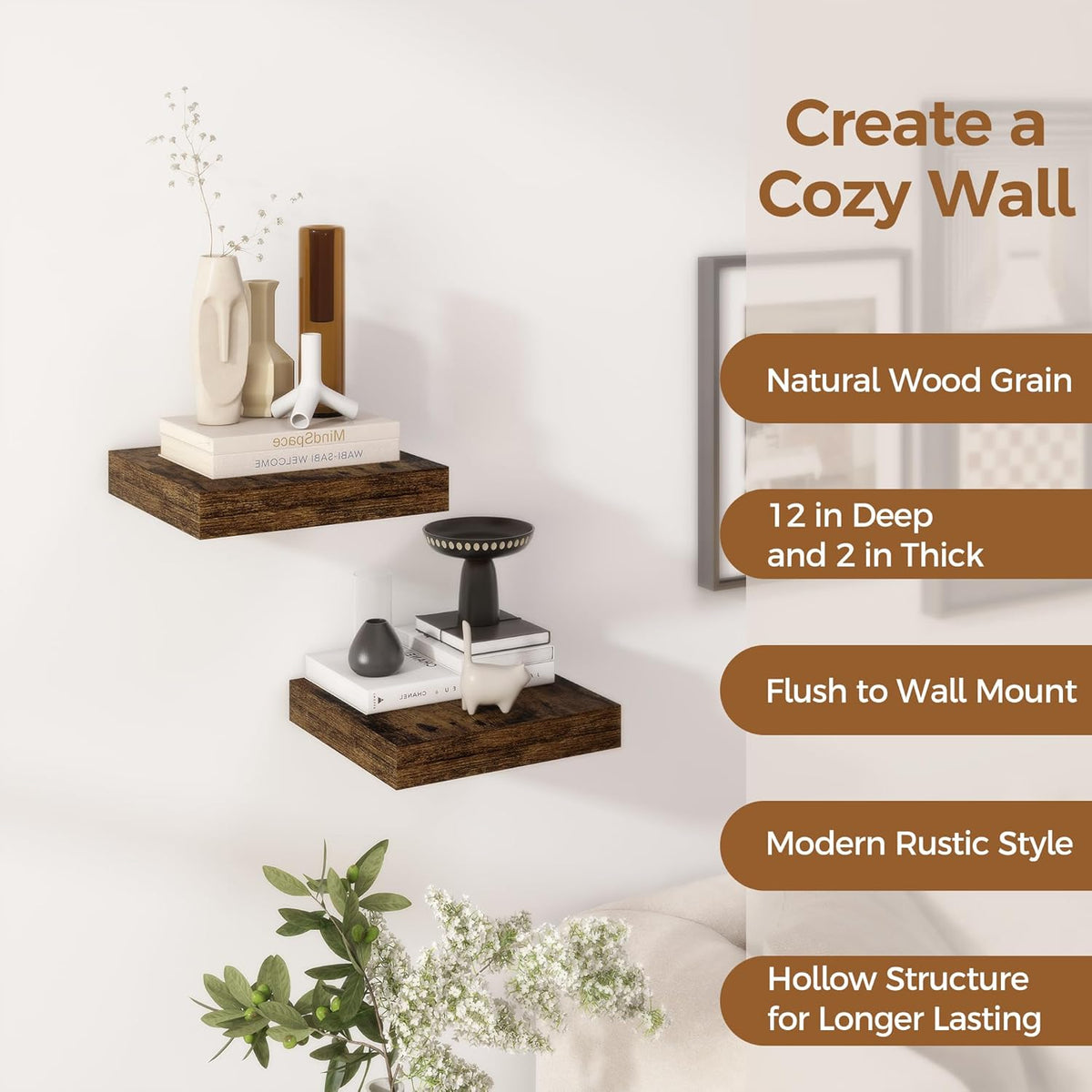 Fun Memories 12 Inch Floating Shelf, Rustic Wood Wall Shelves for Wall Decor & Storage, 12 x 12